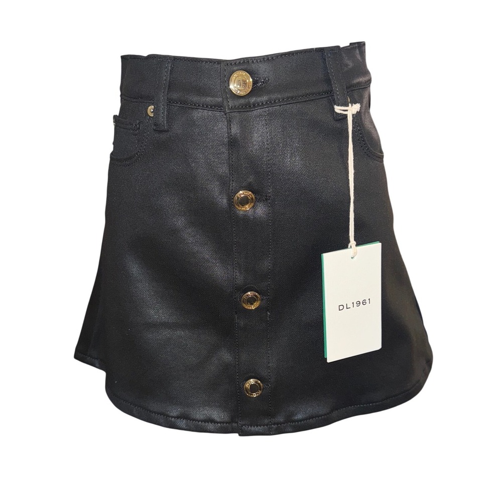 DL1961 Jenny Mini Skirt Girls Size 16 Black Coated Denim Button Front Gold NEW